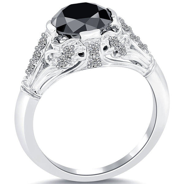 2.71 Carat Vintage Style Natural Black Diamond Engagement Ring 14k White Gold