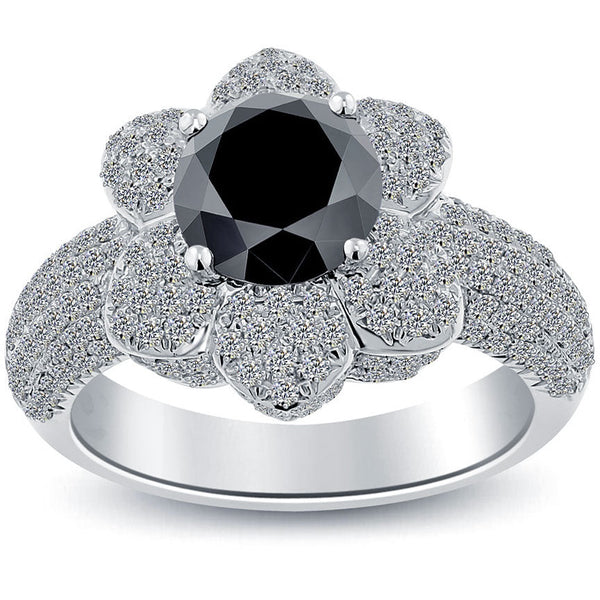 3.15 Ct. Natural Black Diamond Engagement Ring 14k White Gold Flower Shape Halo