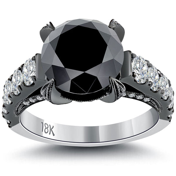 5.53 Carat Vintage Style Natural Black Diamond Engagement Ring 18k Black Gold
