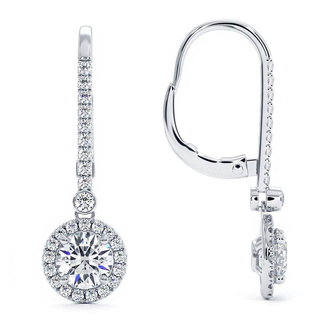 1.45 Carat Round Diamond Leverback Hanging Drop Earrings 18k White Gold