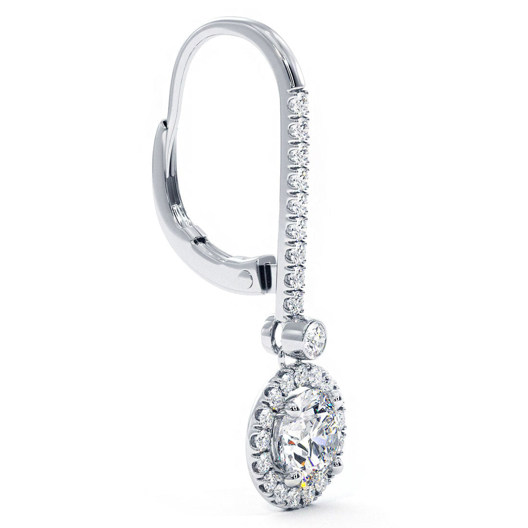 1.45 Carat Round Diamond Leverback Hanging Drop Earrings 18k White Gold