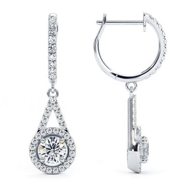 1.55 Carat Round Diamond Leverback Hanging Drop Earrings 18k White Gold