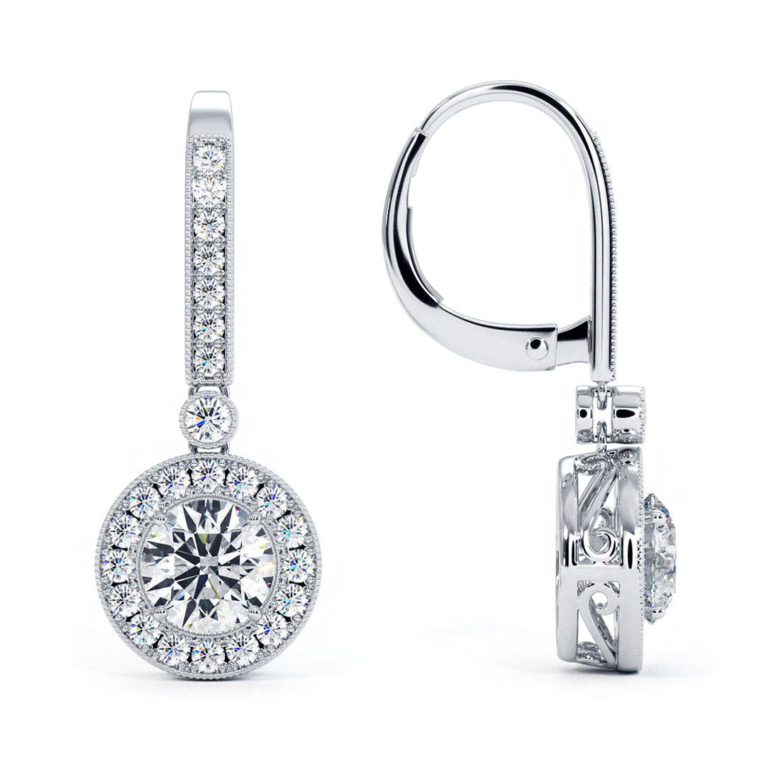 1.94 Carat Round Diamond Leverback Hanging Drop Earrings 18k White Gold
