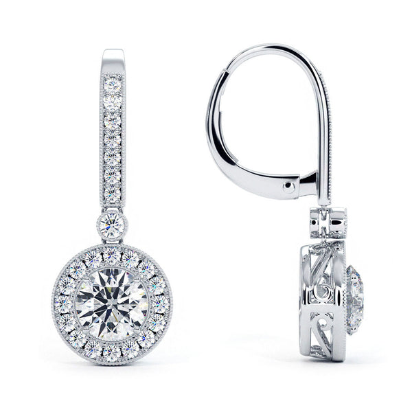 1.94 Carat Round Diamond Leverback Hanging Drop Earrings 18k White Gold