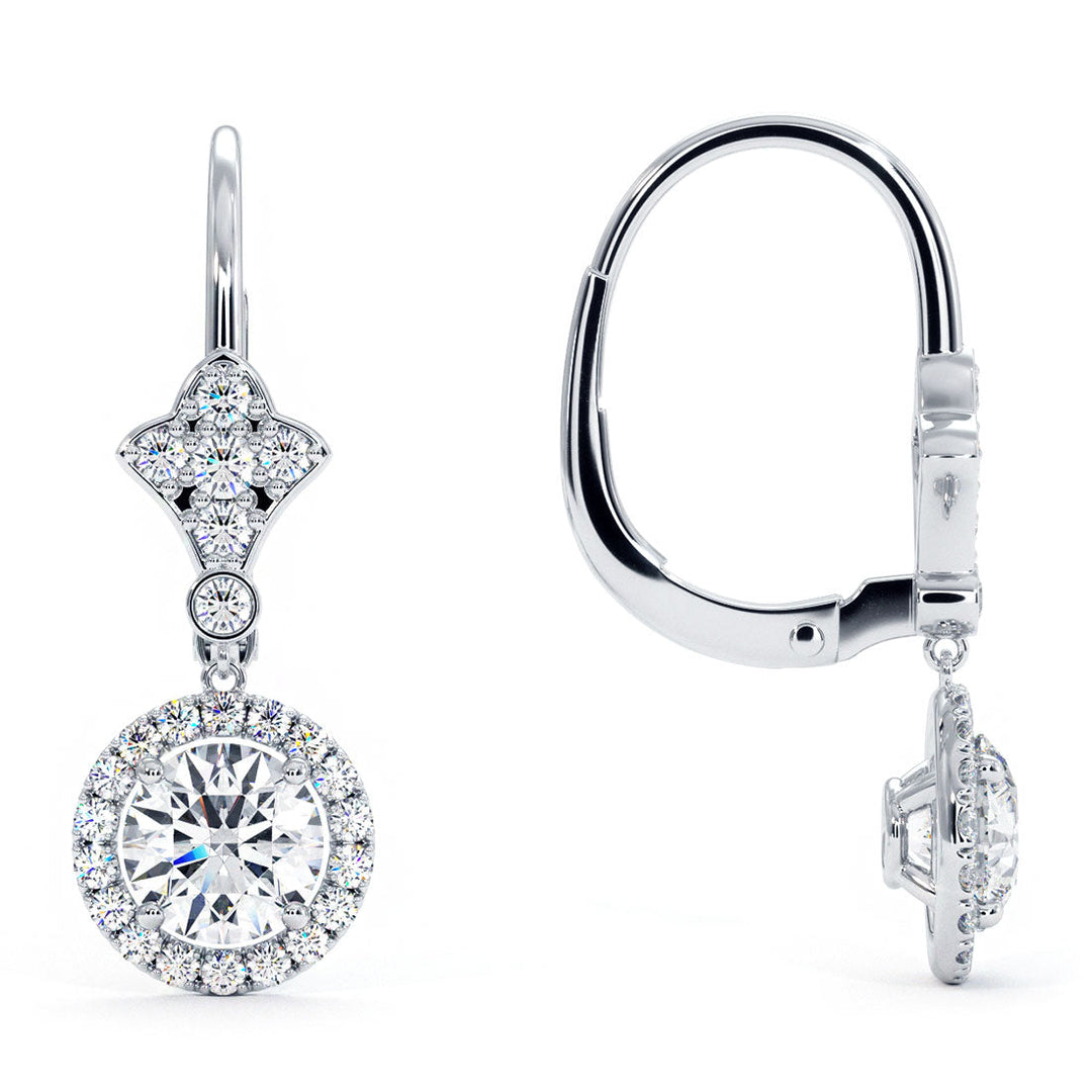 2.00 Carat Round Diamond Leverback Hanging Drop Earrings 18k White Gold