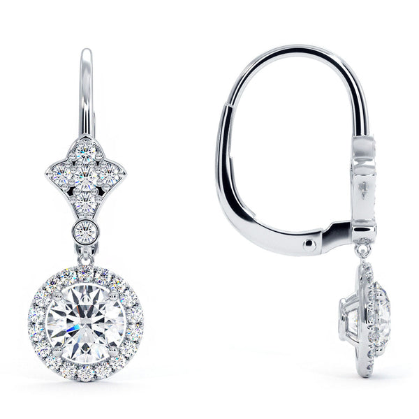 2.00 Carat Round Diamond Leverback Hanging Drop Earrings 18k White Gold