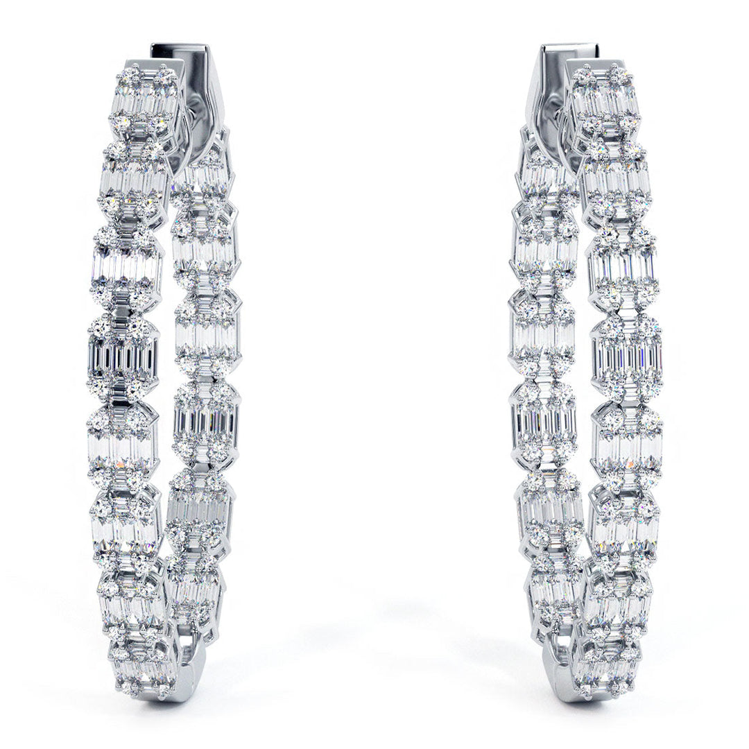 2.55 Carat Large inside out Emerald Cut Cluster Diamond hoop earrings 14k White Gold