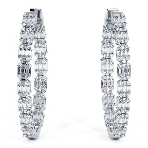2.55 Carat Large inside out Emerald Cut Cluster Diamond hoop earrings 14k White Gold