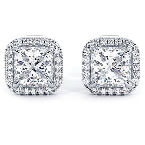 2.67 Carat J-SI1 Princess Cut Pave Halo Diamond Studs Earrings 18k White Gold