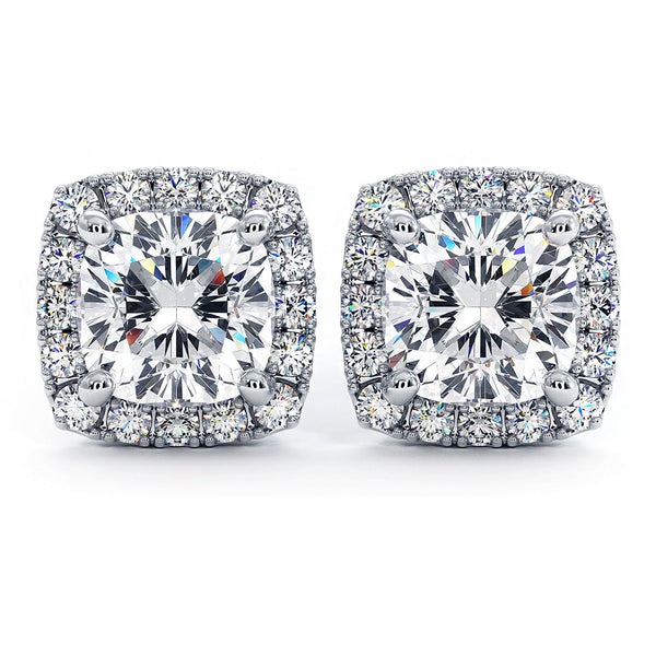 1.02 Carat F-VS Cushion Cut Pave Halo Diamond Studs Earrings 18k White Gold