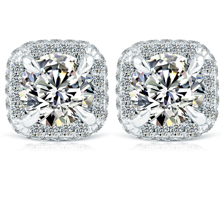 1.75 Carat F-VS1 Pave Halo Diamond Studs Earrings 18k White Gold