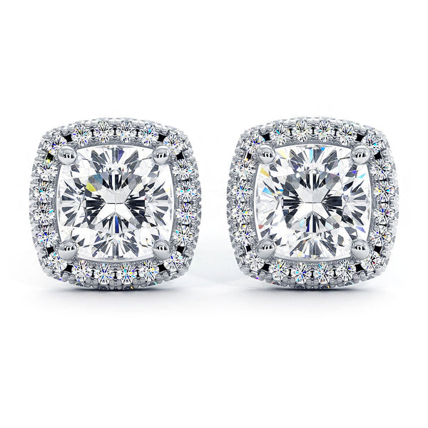 2.65 Carat F-SI Cushion Cut Pave Halo Diamond Studs Earrings 18k White Gold