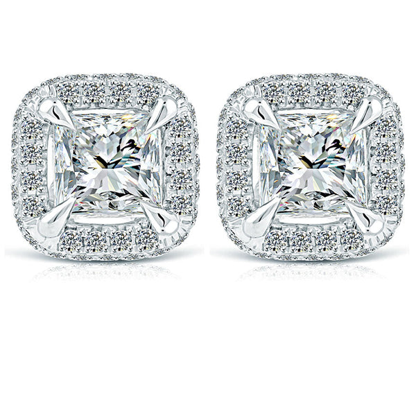 1.75 Carat E-VS1 Princess Cut Pave Halo Diamond Studs Earrings 18k White Gold