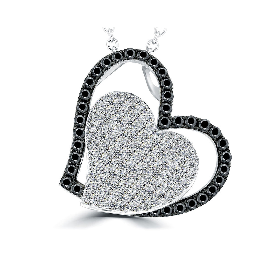 2.10 Carat Black & White Diamond Puffed Heart Pendant Necklace in 14k White Gold