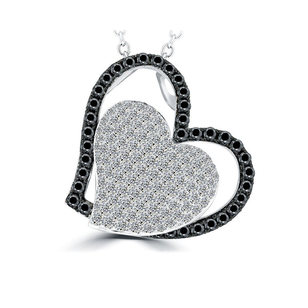 2.10 Carat Black & White Diamond Puffed Heart Pendant Necklace in 14k White Gold