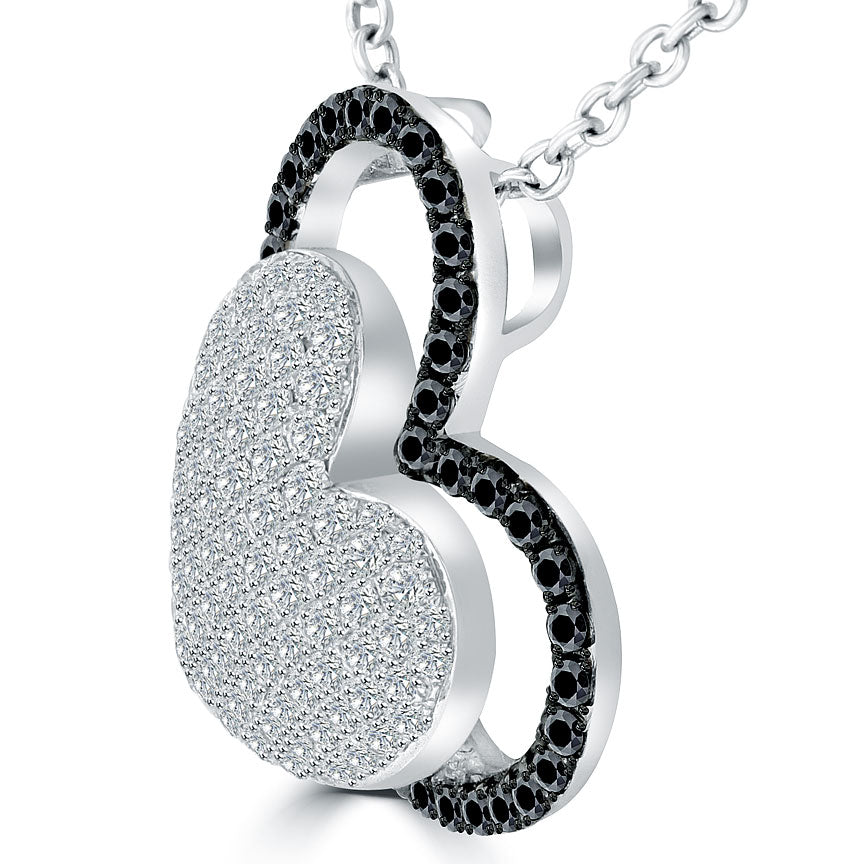 2.10 Carat Black & White Diamond Puffed Heart Pendant Necklace in 14k White Gold