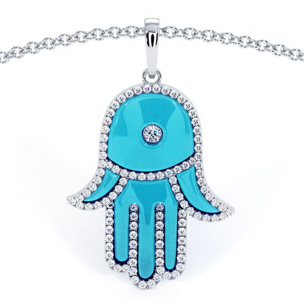 0.44 Carat Diamond Hamsa Hand of fatima Evil Eye Charm Pendant 18k White Gold