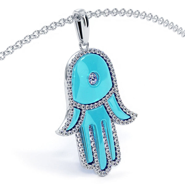 0.44 Carat Diamond Hamsa Hand of fatima Evil Eye Charm Pendant 18k White Gold