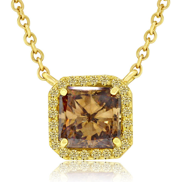 2.55 Ct. Fancy Cognac Brown Radiant Cut Diamond Pendant Necklace 18k Yellow Gold